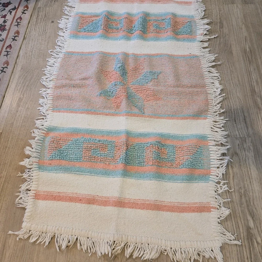VINTAGE Mexican Hand Woven Rug Mat 54x28
